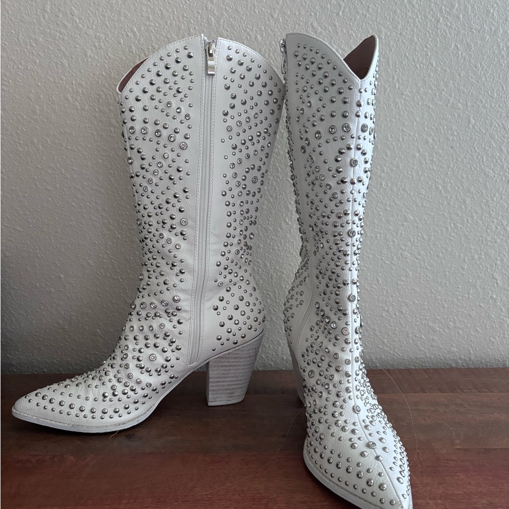 White studded and rhinestone boots. Worn for one event only.